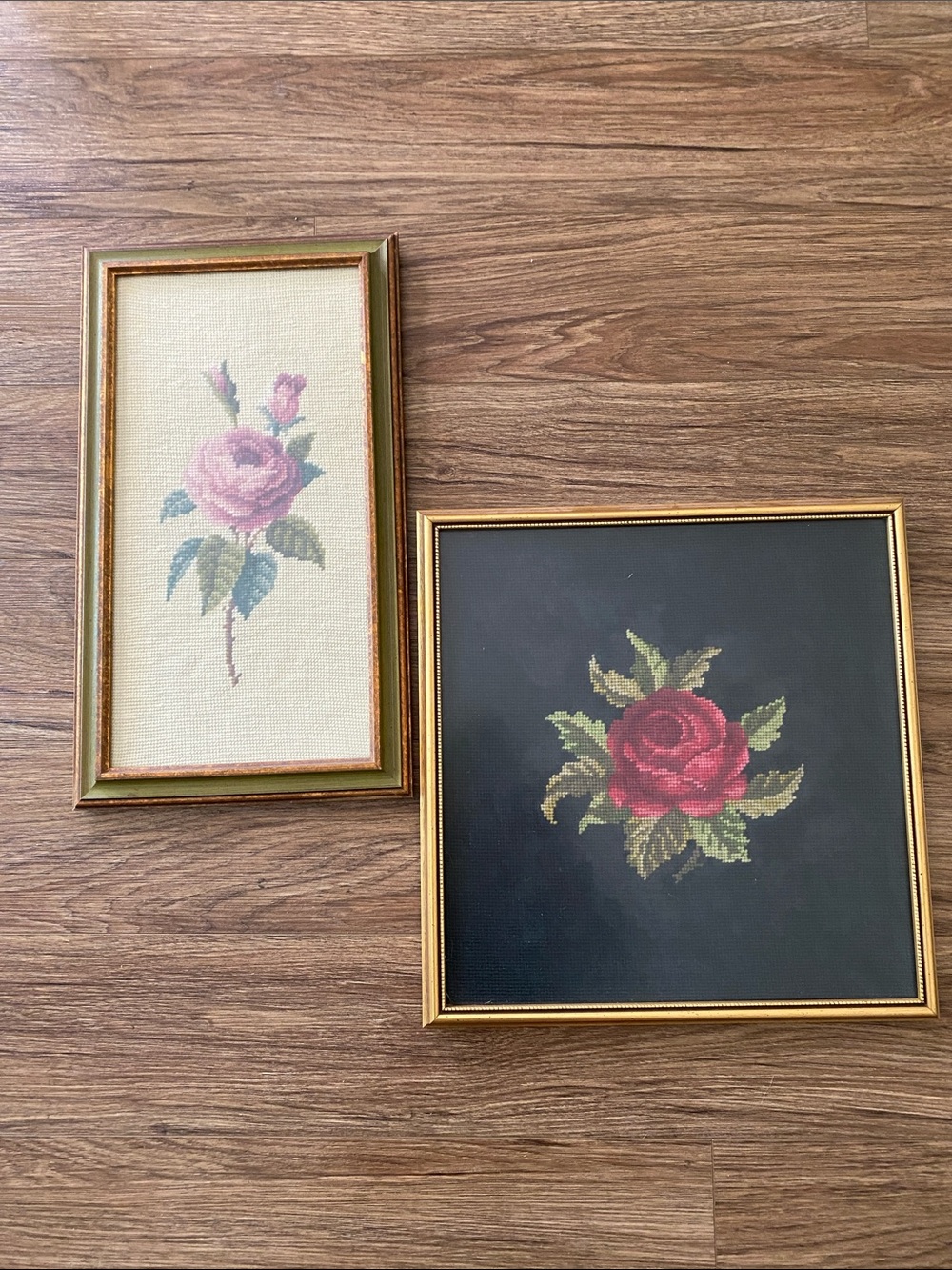 2 vintage framed needlepoint rose pictures. Gallery wall